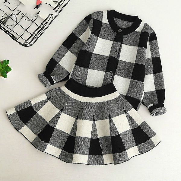 

promotion autumn new girls clothing sets casual long sleeve plaid jackets+skits 2pcs suits for kids set, White