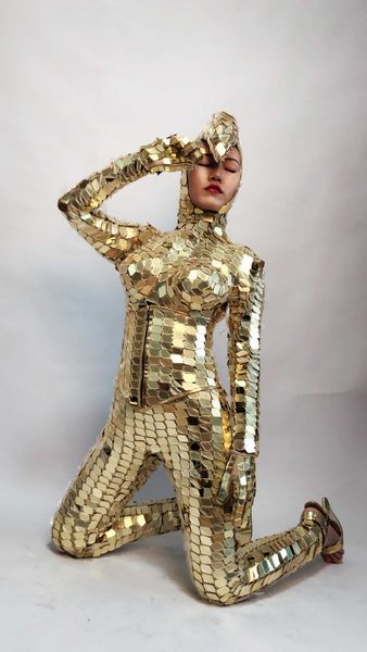

woman gold mirror costume jumpsuit club party mirror suit ladies gogo clubwear nightlife clothing dance dress performance, Black;red
