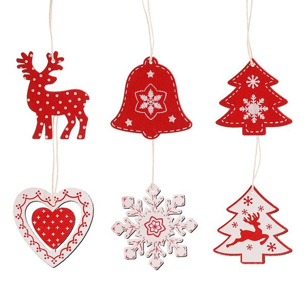 Wooden Christmas Ornaments Red White Deer Snowflake Heart