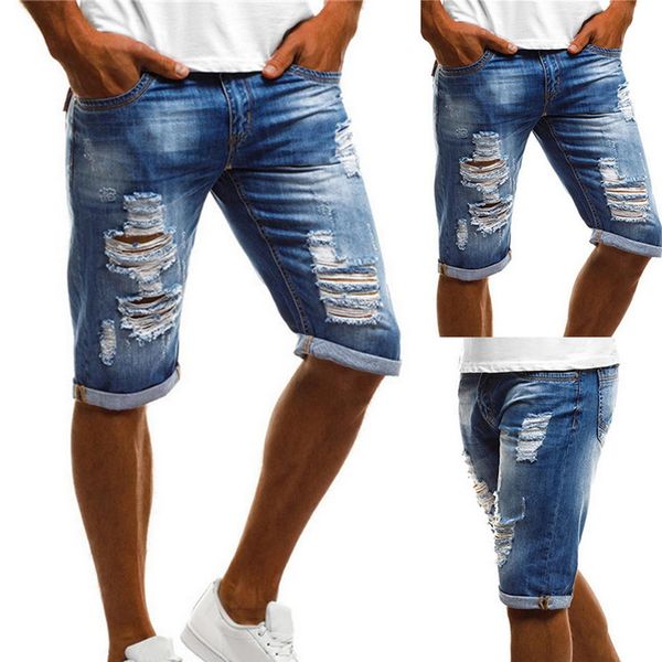 

puimentiua 2020 fashion plus size vintage summer men ripped jeans turn up cuff fifth pants denim shorts jeans men, Blue