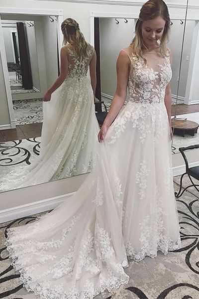 

2020 new see through beach wedding dresses a line lace appliques summer bohemian wedding dresses bridal gowns custom made, White