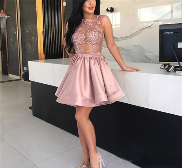 

Cheap Sexy Sheer Illusion A Line Cocktail Dress Dusty Pink Mini Short Holiday Club Wear Homecoming Party Dress Plus Size Custom Make