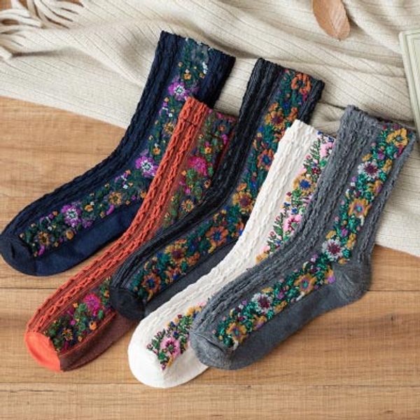 

womens designer sock retro ethnic style pattern socks mid-length personality socks girls brand sock floral print socks, Black;white