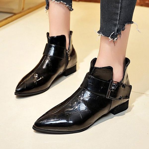 

british women's leather boots grain fashion winter buckle fretwork heels pointed toe ankle boots for women zapatos de mujer, Black