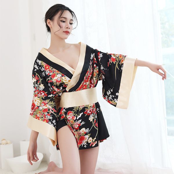 

japanese style kimono embroidery camisola lingerie satin sleepwear chemise nuisette mini nightgown night underwear women, Black;red