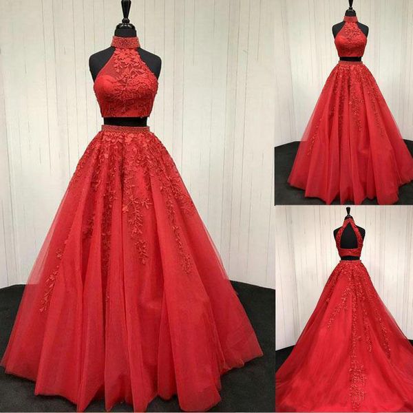

Jewel Red two pieces Prom Dresses A Line Red Evening Dresses High Collar Backless Occasion Party Gowns Custom Made