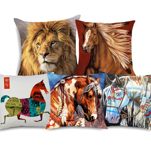 5 Styles Indian War Horses Cushion Covers Wild Animal Horse Lion