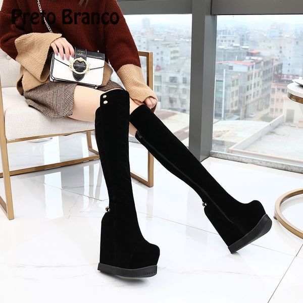 

preto branco women winter wedges knee high black boots women's slim super tube plus velvet thick bottom high boots zyw-2686-2