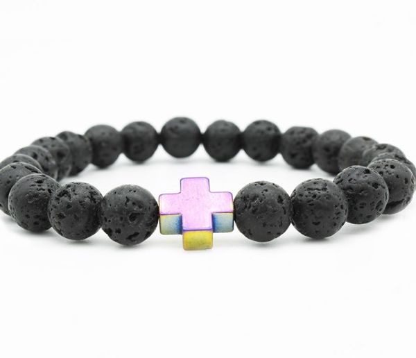 

8mm utu5 gold cross magnetite adjusted zircon cubic zirconia bracelet black volcanic lava stone bead essential oils diffuser