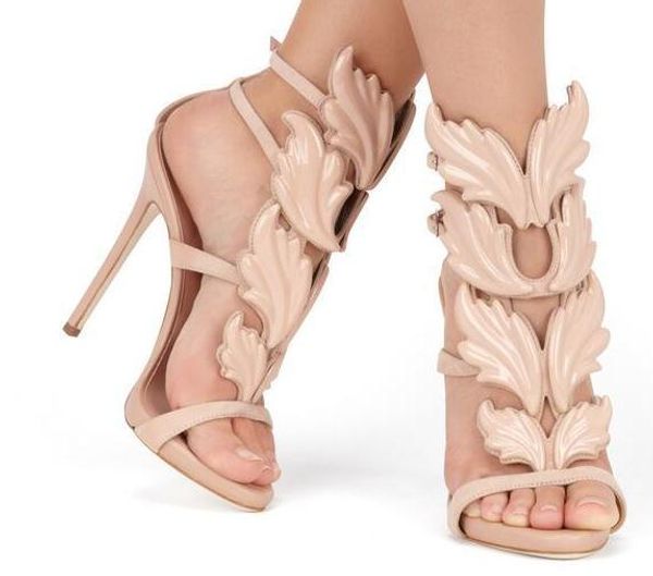 

2018 designer women's metal leaf wing high heel sandals gold nude black party events shoes gladiator metallic winged sandals