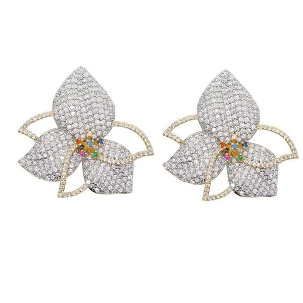 

2020 spring new beautiful flower design women fashion party jewelry paved rainbow colorful cz flower big stud earrings, Golden;silver