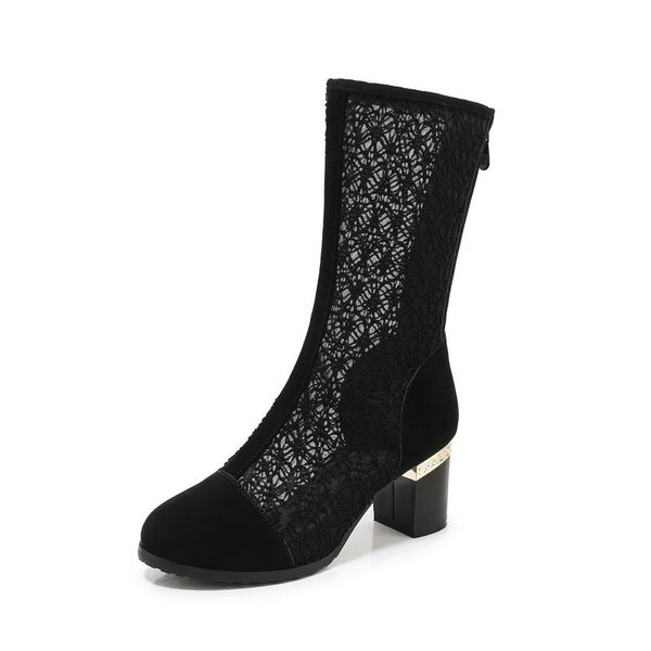 

new summer fashion hollow boots shoes breathable mesh high heels half women boots womens party wedding shoes, Black