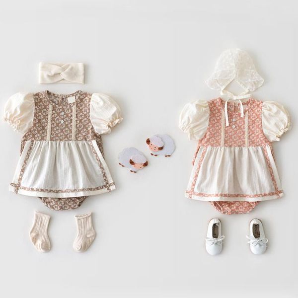 

jumpsuits baby rompers summer cotton jumpsuit rural style fake apron design with floral pattern and high-end printing, Blue