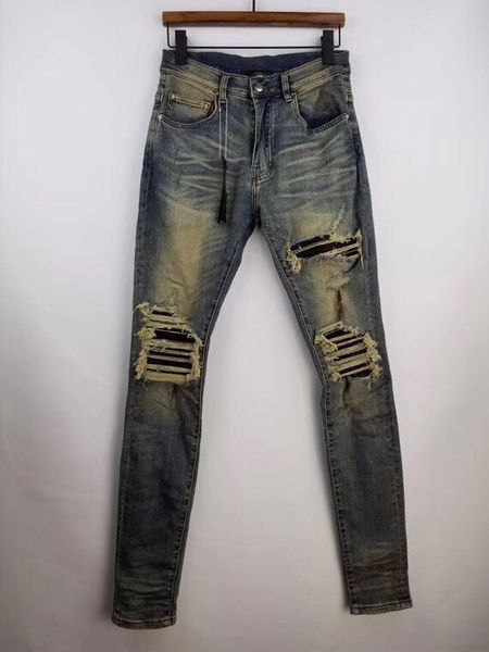 

men stretchy ribbed leather patches distressed dirty indigo jeans, Blue