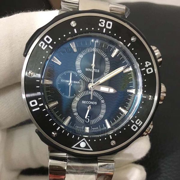 

big 45mm diver ori vk quartz chronograph black dial mens watch satch stainless steel band watches, Slivery;brown