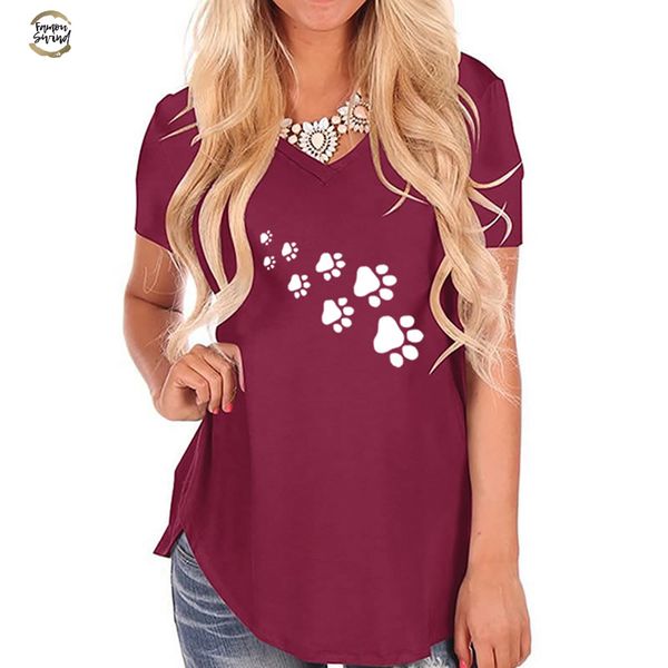 

2019 new fashion dog paw print t shirt for women v neck short sleeve cotton shirt female drop shipping, White