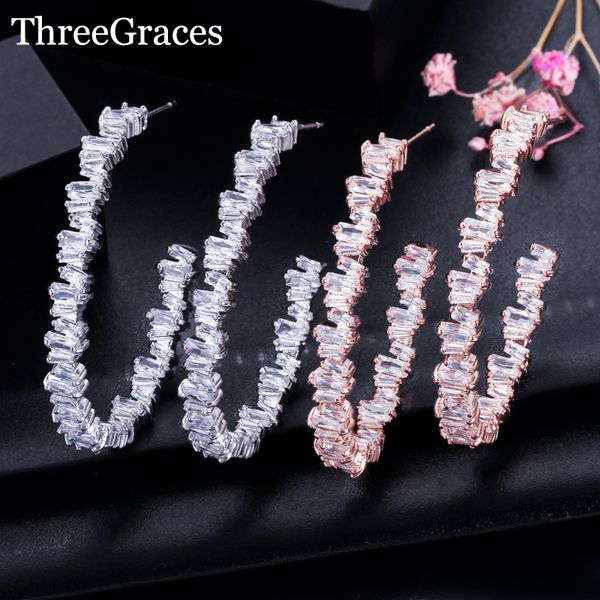 

threegraces irregular baguette cz crystal 925 sterling silver big rose gold hoop circle earrings for ladies dancing party er115, Golden;silver
