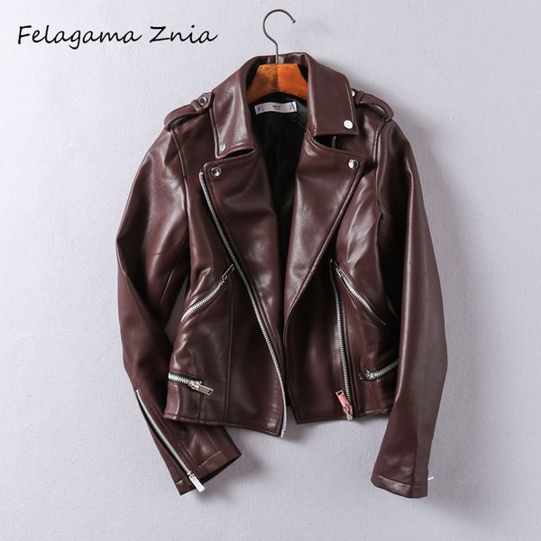 

felagama znia 2018 new design spring autumn faux leather jackets women long sleeve zipper motorcycle slim punk coat female, Black