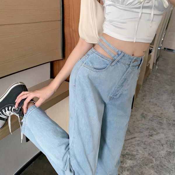 

high waist side hollow out jeans women loose straight wide leg denim pants jean vintage boyfriend summer jeans 2020 plus size, Blue