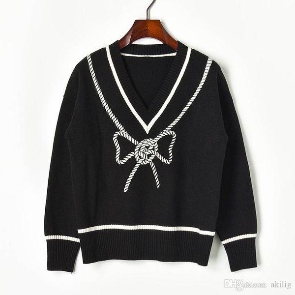 

дорогие женщины дизайнер свитера женщин свитер осени новый черный и белый цвета контраста rope bow v-образным вырезом с длинными рукавами вя, White;black