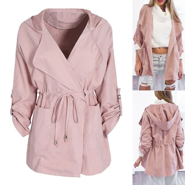 

zogaa women's fashion pure color cardigan hooded coat lightweight thin belt lady pink overcoat casual waist trench coats ladies, Black;brown