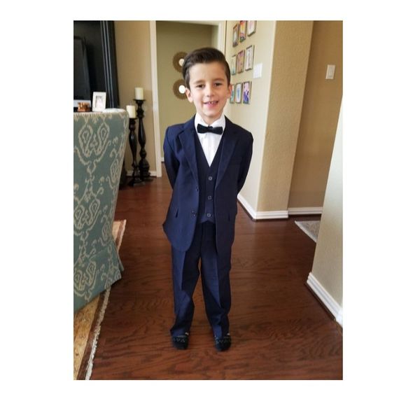 

dark blue boys tuxedos two button notch lapel children wedding suits kids formal wear for party (jacket+pants+bow+vest), Black