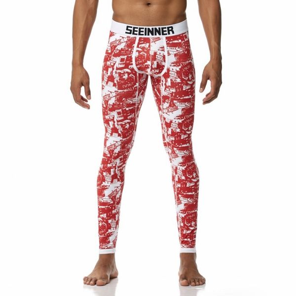 

men's autumn and winter warm pants thin youth base bottom trousers u-pouch bag push up long johns, Black;white
