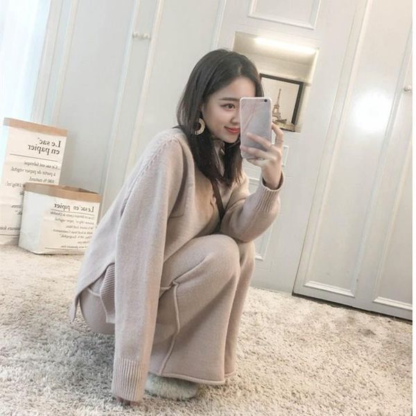 

women knitted loose trousers 2 pieces set winter high waist pants sweater suit two piece outfits tracksuit, White