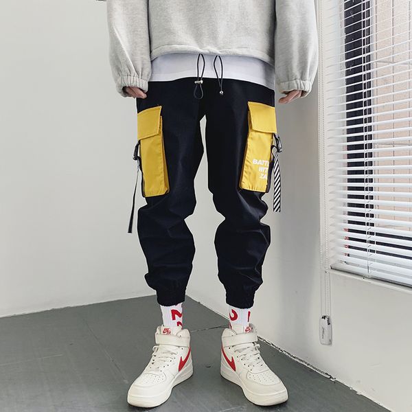 

fashion patchwork men cargo pants big pocket mens pants pocket webbing casual men pantalones hombres, Black