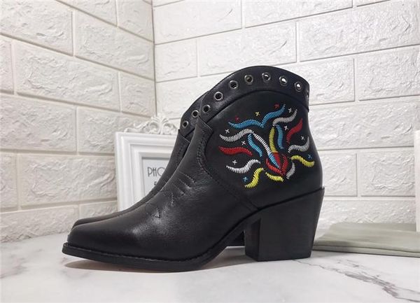 

martin boots women's new embroidered thick heel short boots british fashion pointed wild motorcycle boots, Black