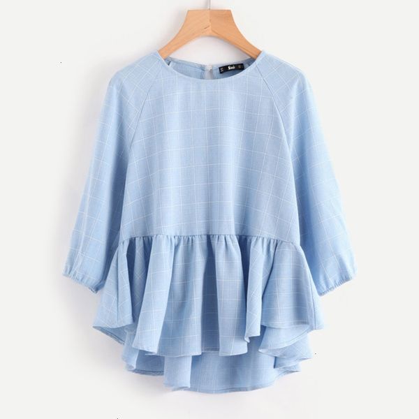 

women blouses for women raglan sleeve ruffle dip hem grid blouse woman blouses autumn blue three quarter length regular plaid blouse, White