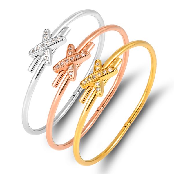 

x crystals cuff bracelets bangles for women stainless steel simple jewelry knot cross charm bracelets gold color gift, Black
