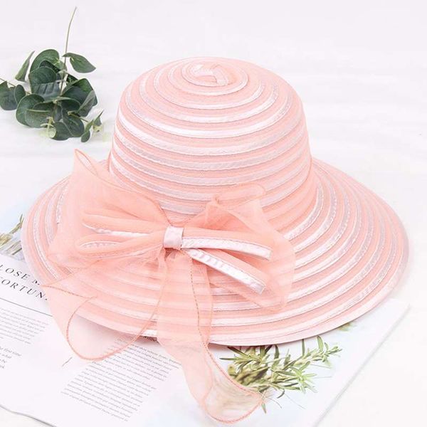 

myzoper fashion new 2019 bow mesh fold tide beach hat visor stripe banquet sunhat women's hat summer, Blue;gray