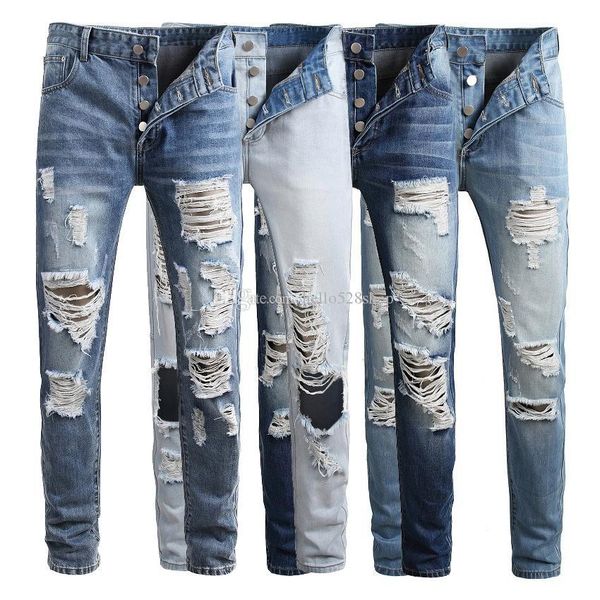 

hello528shop мужские винтажные промытые синие дизайнерские дырочки рваные байкерские джинсы прямые брюки модные хип-хоп джинсовые брюки, Blue