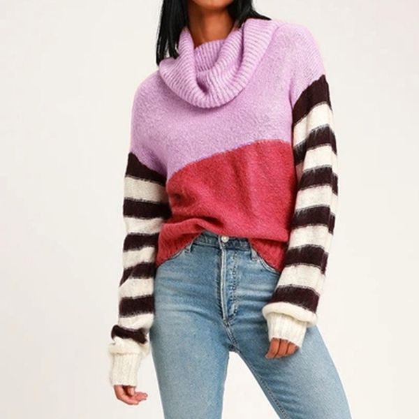 

2019 fashion women turtleneck sweaters long sleeve vest scarf collar knot sweater camisole stripe knitwear patchwork, White;black