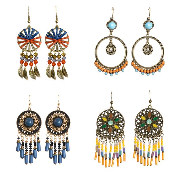 

multiple ethnic beads tassel dangles drop earrings fashion female hanging earrings for women vintage ear jewelry accessories, Silver