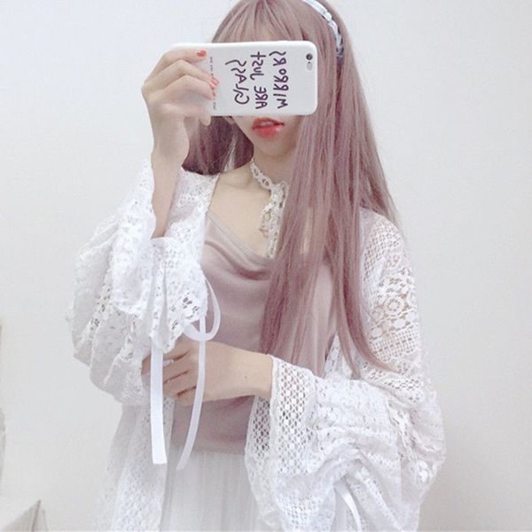 

women's lace lolita hollow out blouse female long sleeve flare sleeve summer outerwear, Black;brown