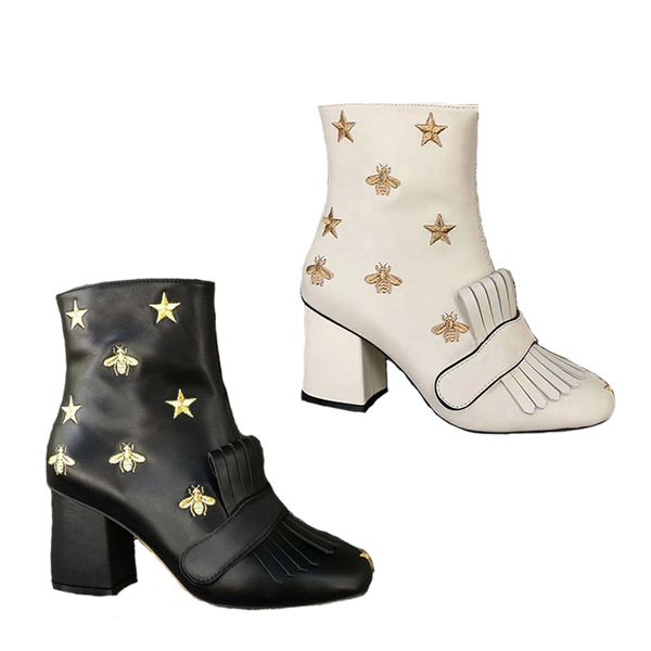 

leather platform ankle boot marmont boots embroidered bee mid-heel boot women winter shoes solid color fringed shoe big size, Black