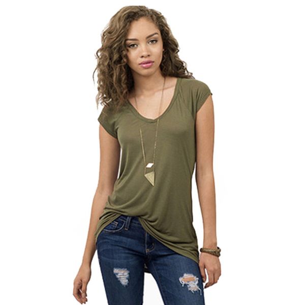 

дизайнерские женские свободные сплошной цвет v-образным вырезом с коротким рукавом футболка свободного покроя базовый рубашка женский прилив, White