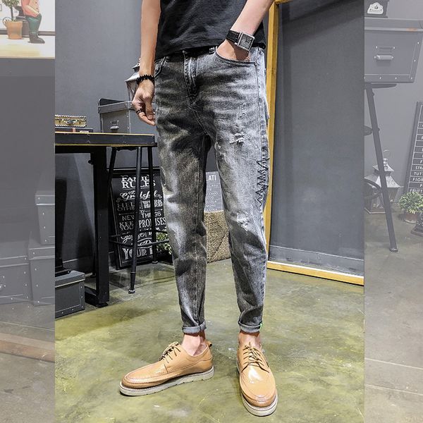 

fashion 2019 men jeans summer gray casual biker jeans men ankle length slim fit denim men's trousers male 34-28, Blue