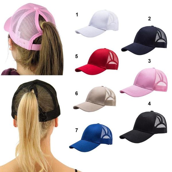 

1 pc summer breathable cap women female girls adjustable pure color snapback mesh hats ponytail mountaineering caps, Black;white