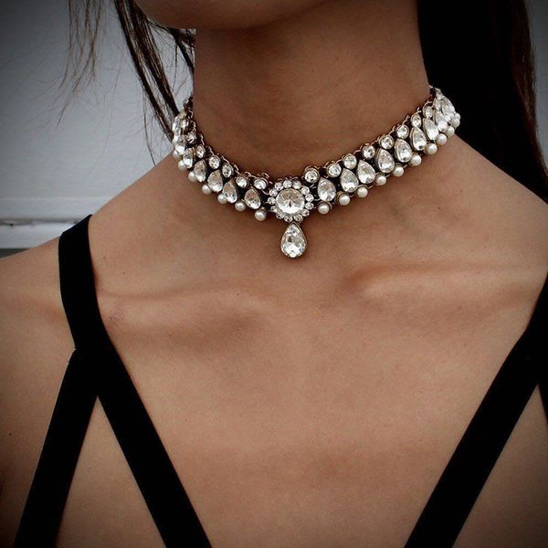 

crystal rhinestone choker necklace jewelry for women flower drop pendant necklace #94419, Golden;silver