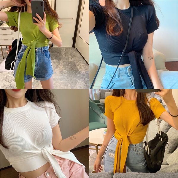 

лето 2020 новый дизайн моды смысл нижней крест галстук ice шелк с коротким рукавом футболка хлопок футболка лента темперамент женская одежда, White