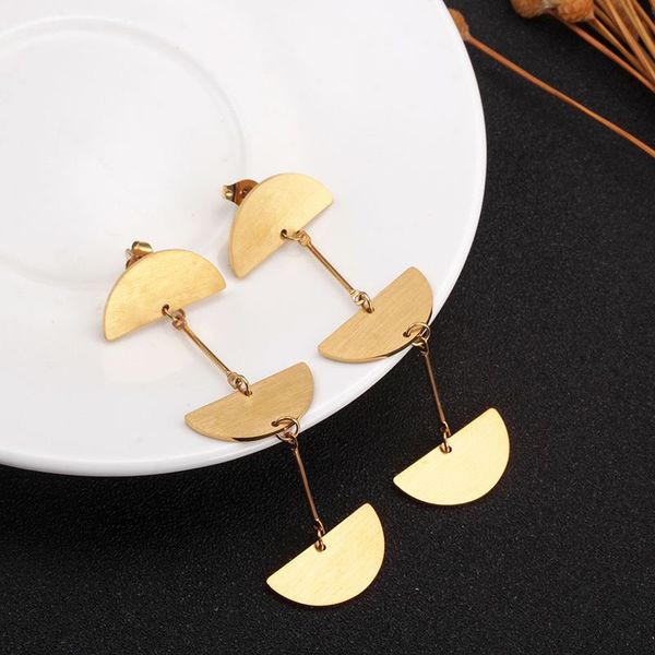 

trendy long chian dangle earrings stainless steel three semicircle geometric earrings for women wedding party jewerlry gift, Silver