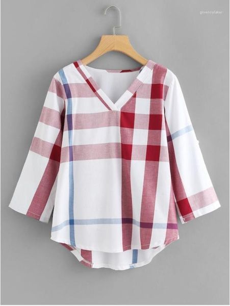 

шея лето дизайнер тройники мода с длинным рукавом повседневная одежда плед печати женские футболки 4xl женщины v, White