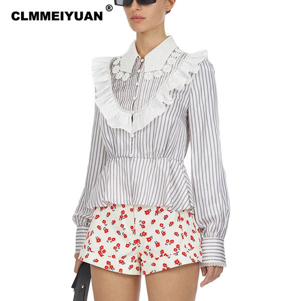 

women fashion brand blouses and shirts 2019 summer lace splices blusas striped high street office blouse chemisier femme, White