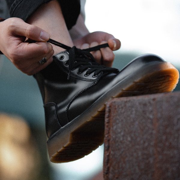 

new design mens casual tooling boots outdoor cowboy natural leather shoes lace-up platform ankle boot zapatos botas masculinas, Black