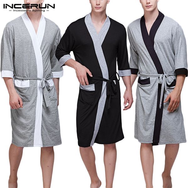

incerun men robes half sleeve nightgown patchwork leisure breathable pockets summer bathrobe soft men homewear sleepwear pajamas, Black;brown