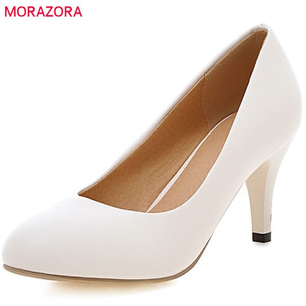 

morazora 2020 new arrive female pumps shallow thin heels round toe slip on elegant high heel pink black color ladies shoes