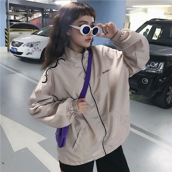 

women's new letter printing jacket korean loose long-sleeved baseball uniform student stand collar zipper jacket coat ml102, Black;brown